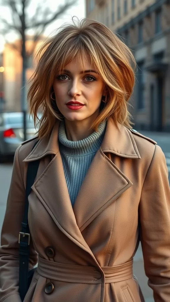 A woman with a choppy lob haircut and highlights, wearing a tan coat and gray sweater.