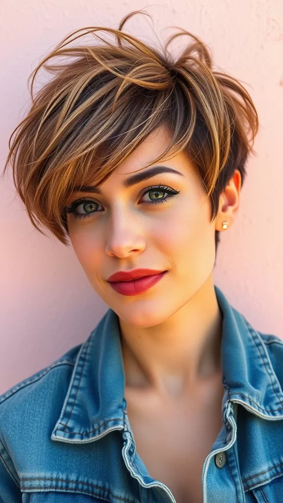 A woman with a choppy pixie haircut, wearing a denim jacket and bold makeup, showcasing a stylish look.