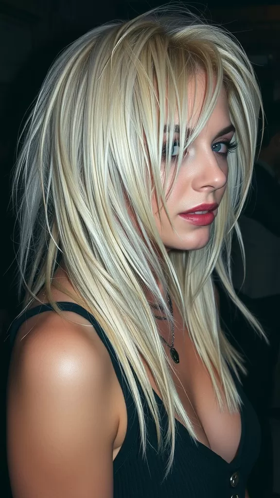 A woman with long choppy rocker shag hairstyle, showcasing layered blonde hair.