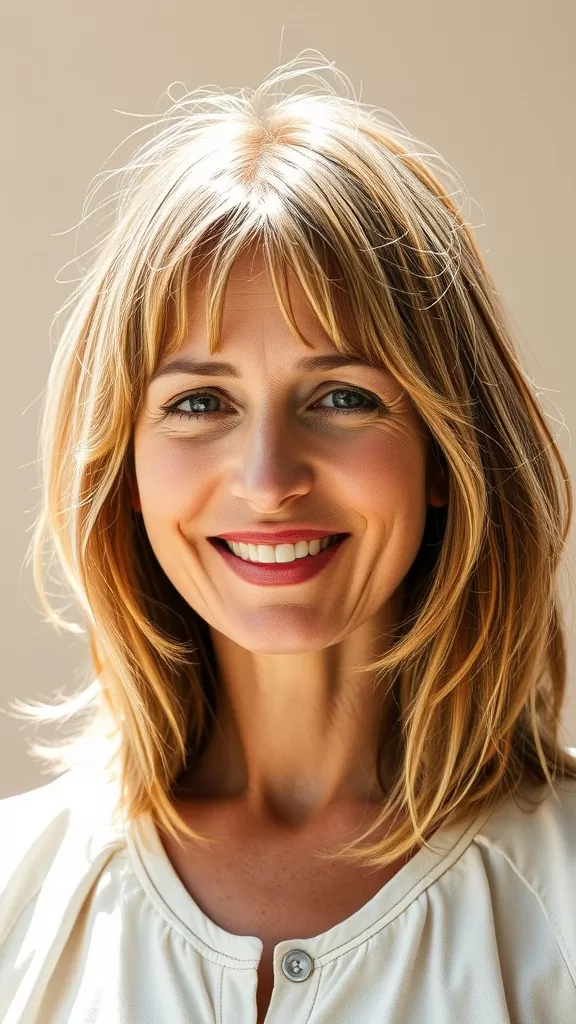 A woman with a choppy shag haircut and curtain bangs, smiling confidently.