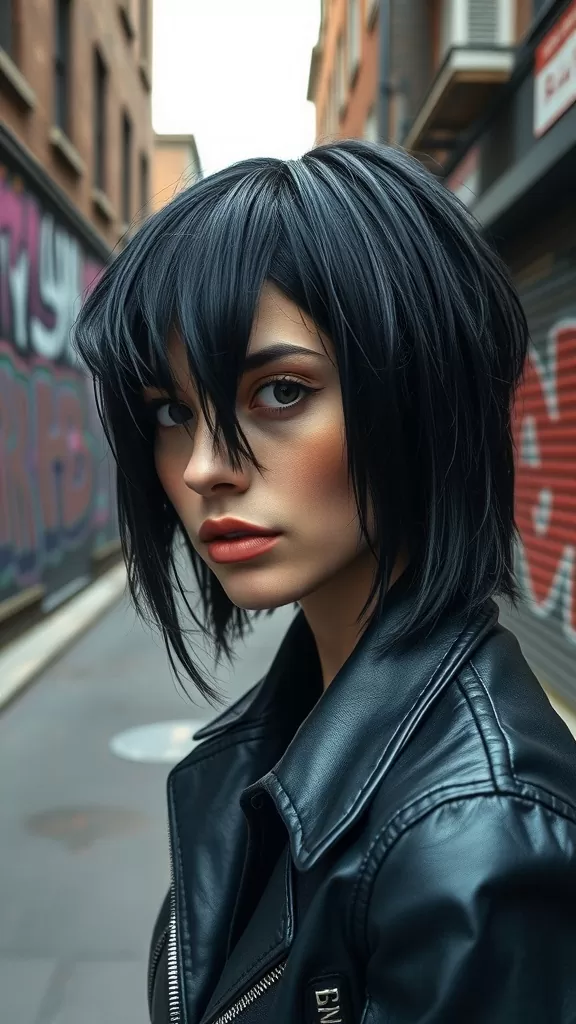 A woman with choppy shag hairstyle and side-swept bangs, wearing a leather jacket and posing in an urban setting.