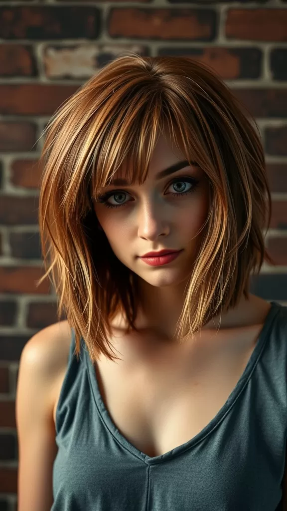 A woman with a choppy shoulder-length haircut and micro bangs, showcasing a warm-toned hairstyle.