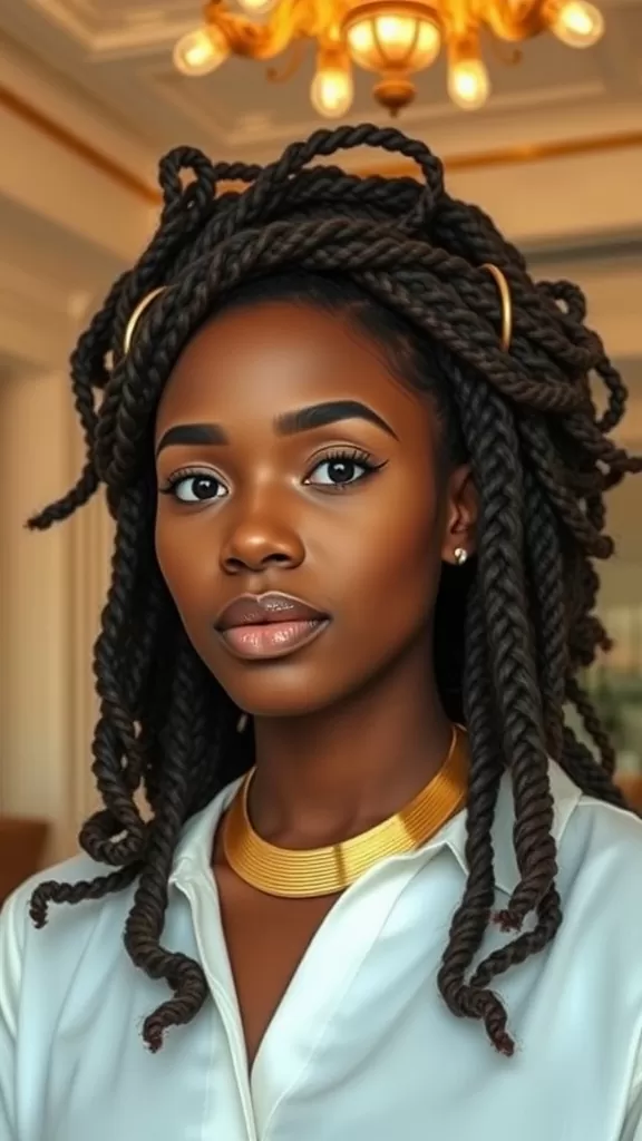 A woman with cinnamon twisted crown hairstyle, showcasing elegant twists and gold accessories.