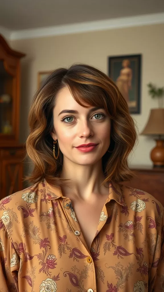 A woman with a classic 70s shag hairstyle, wearing a floral shirt, showcasing her medium-length hair with soft waves.