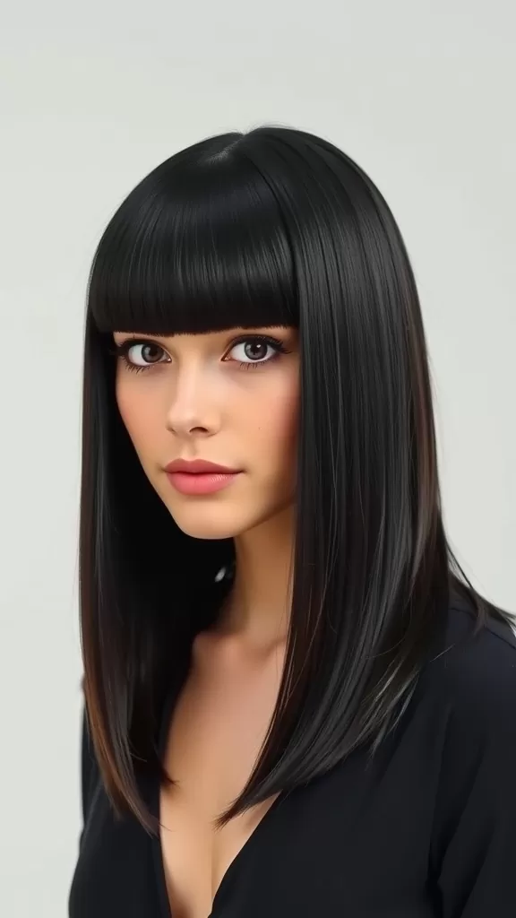 A woman with sleek black long hair and classic blunt bangs