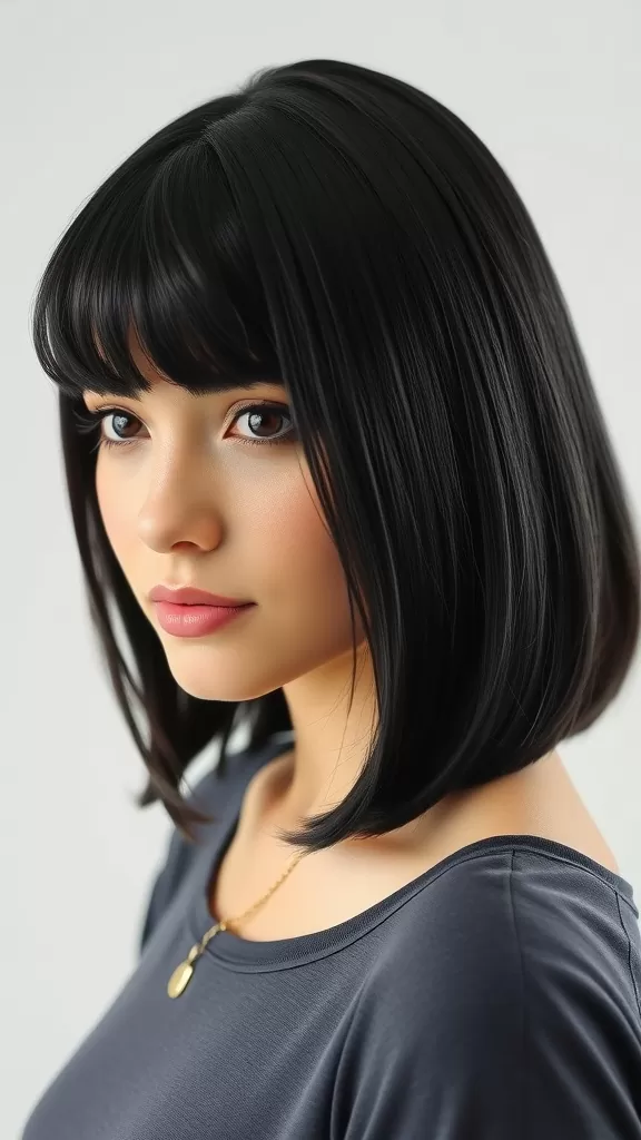 A young woman with medium-length black hair styled in a classic blunt cut with straight bangs.