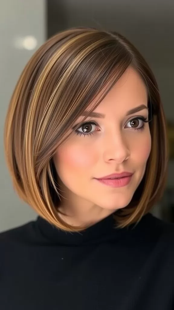 A woman with a classic bob haircut and side part, featuring highlights.