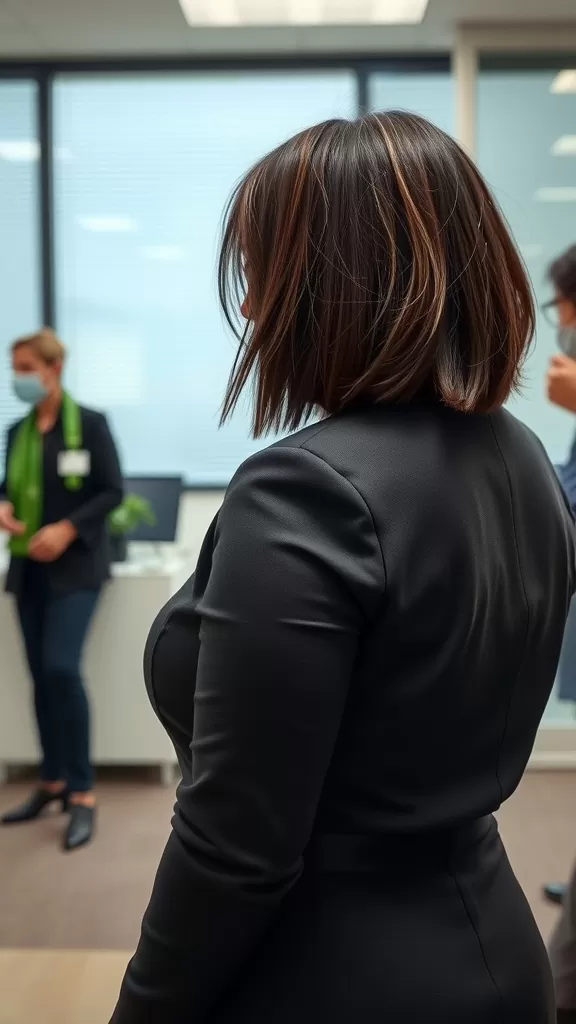 A woman with a classic bob haircut featuring a tapered neckline, showcasing subtle highlights.