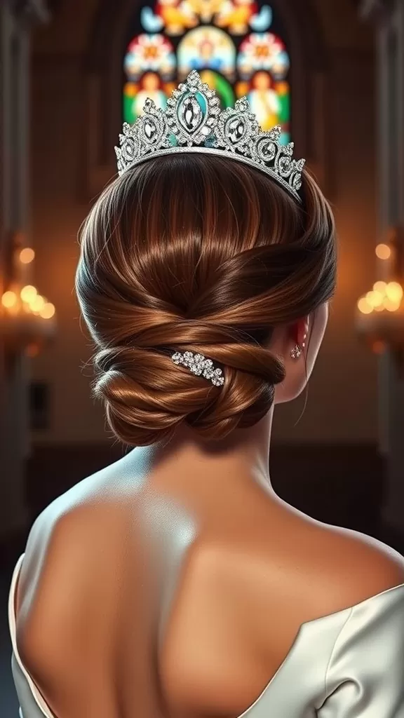 A woman with a classic bun hairstyle decorated with a crystal tiara, viewed from the back.