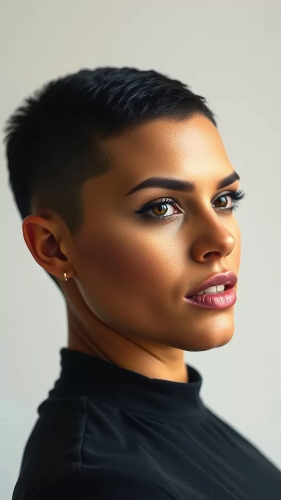 A woman with a buzz cut, showcasing her makeup and confidence.