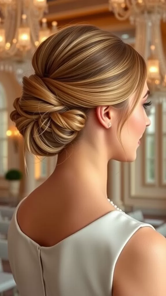A hairstyle featuring a classic French twist adorned with pearls, showcasing elegance and sophistication.