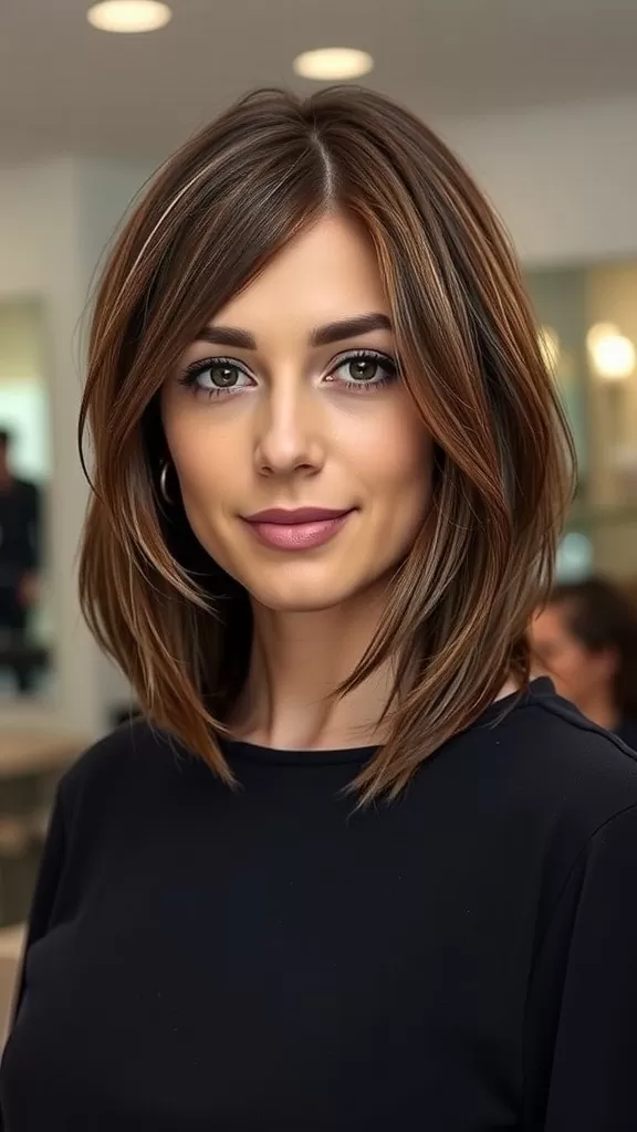 A woman with a classic layered bob hairstyle, featuring soft layers and highlights.