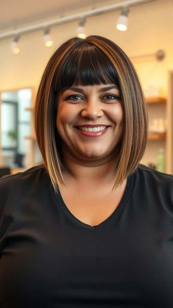 A woman with a classic layered bob hairstyle, smiling in a salon.