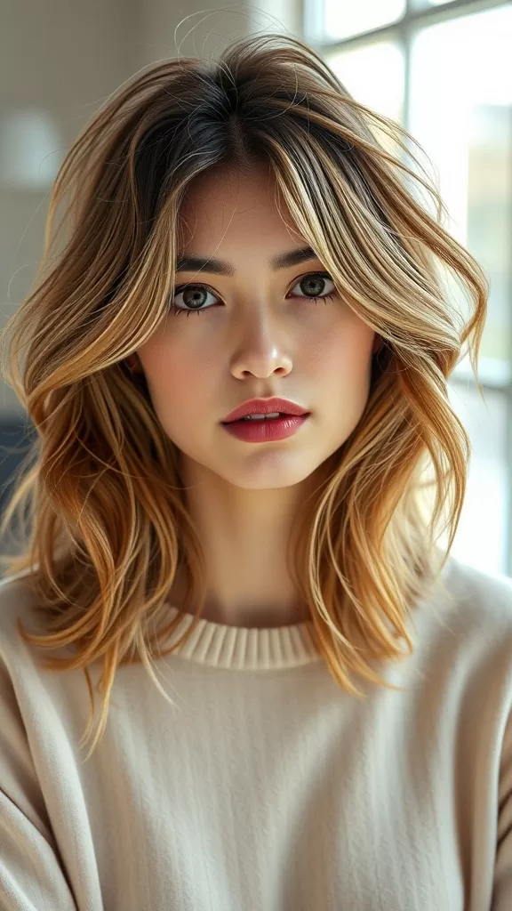 A woman with medium-length hair styled in a classic layered shag, showcasing soft waves and natural volume.
