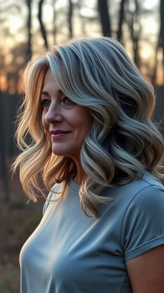 A woman with classic long shag hairstyle and subtle waves, standing in a forest setting.