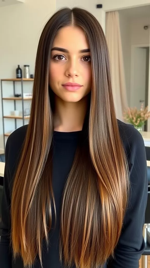 A model with long, straight hair styled in a classic one-length cut