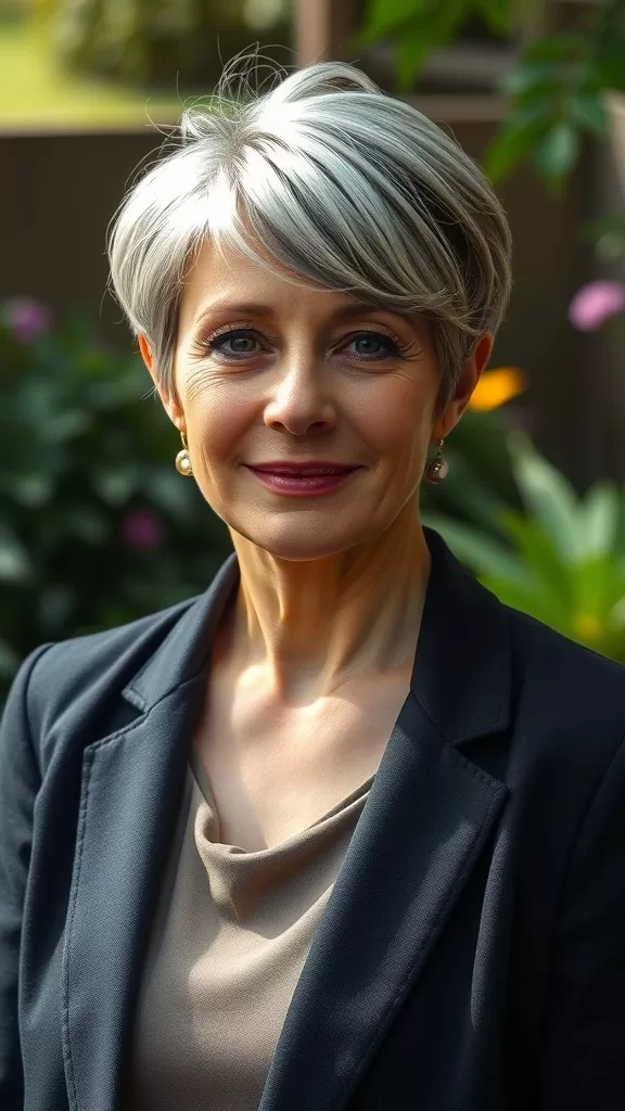 A woman with a classic pixie cut, dressed in a blazer, standing in a garden.