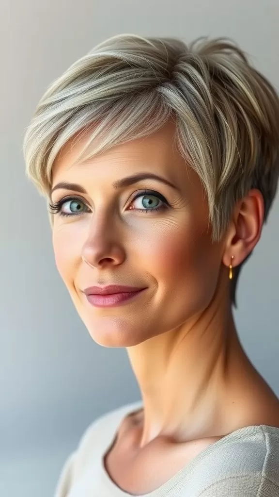 A woman with a stylish classic pixie cut, smiling confidently