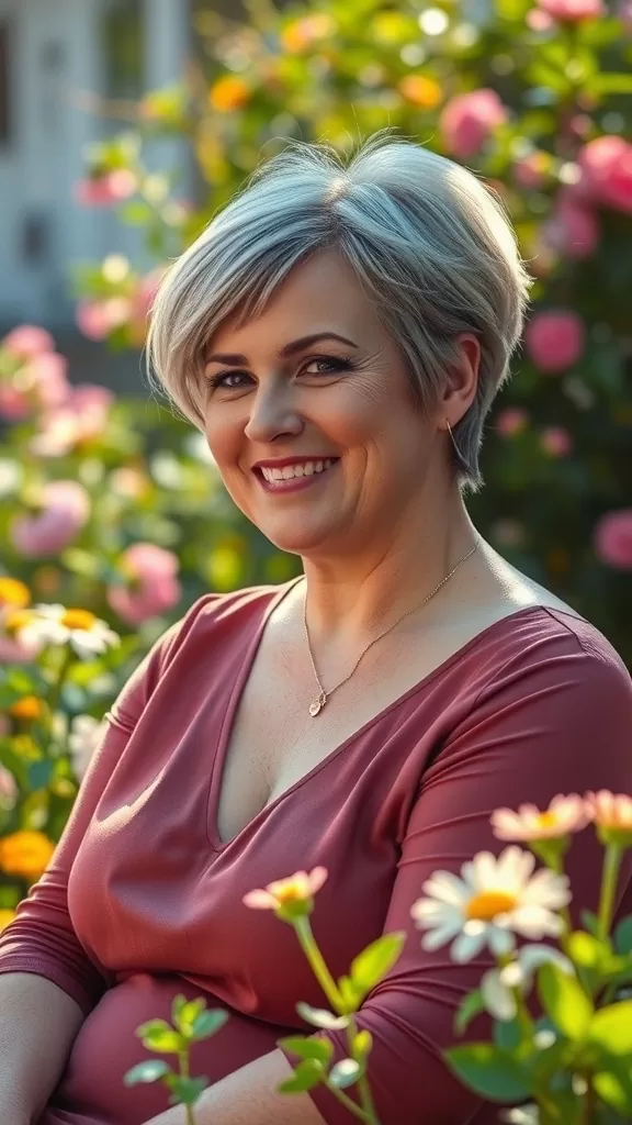 A woman with a classic pixie haircut with soft layers, smiling in a garden filled with flowers.