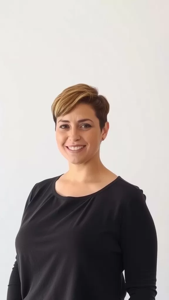 A woman with a stylish pixie haircut and a tapered neckline, wearing a black top and smiling.