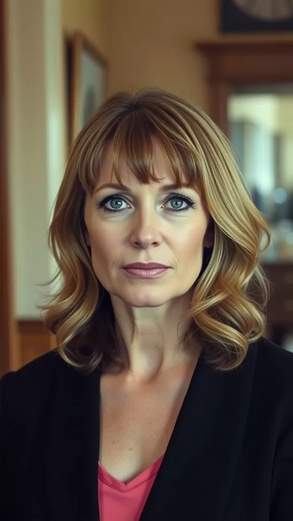 A woman with a classic shag haircut featuring fringe and subtle layers, showcasing wavy hair.