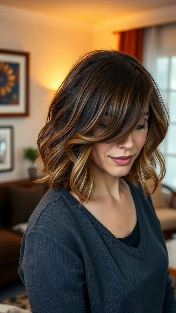A woman with wavy hair styled in a classic shag haircut with side bangs, showcasing volume and texture.