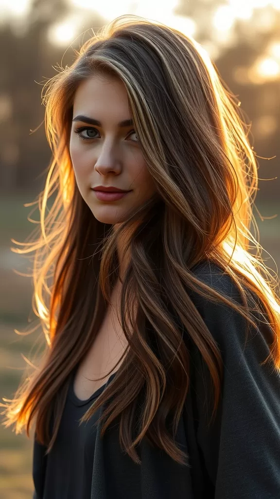 A woman with long shaggy hair illuminated by sunlight, showcasing classic shaggy layers.