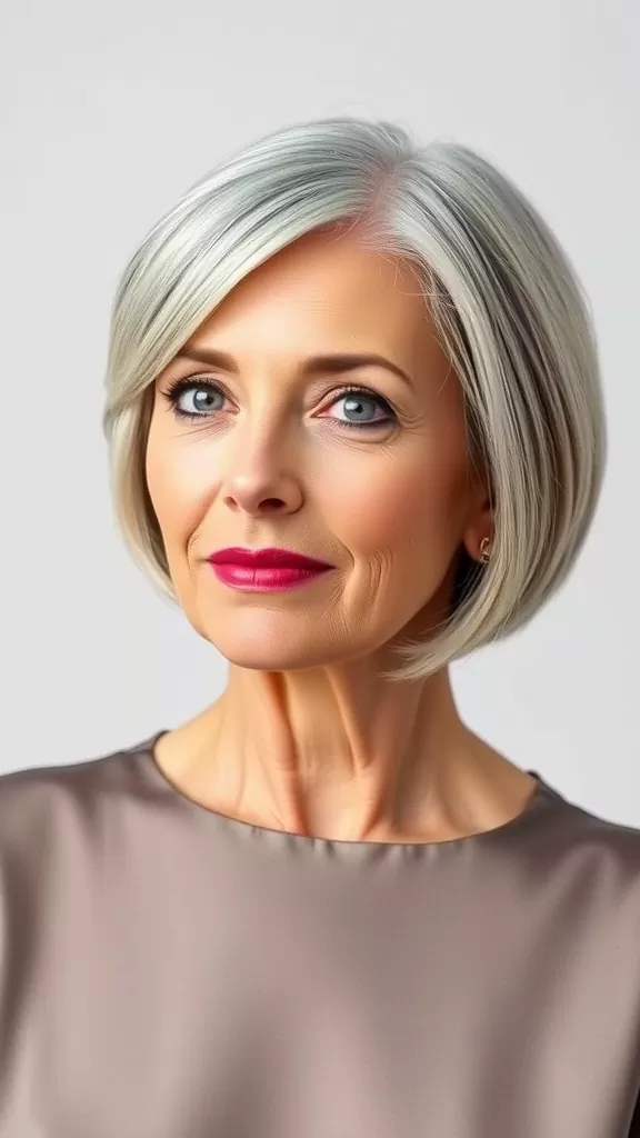A woman with a classic short bob hairstyle, featuring silver hair and a subtle makeup look.