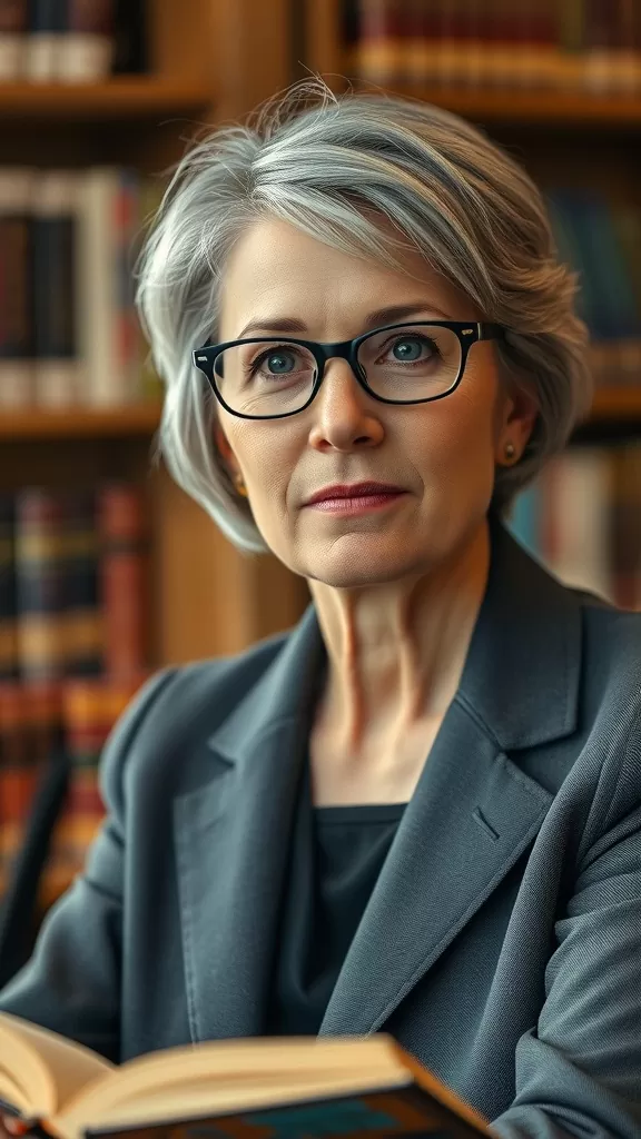A woman with silver short hair wearing glasses and a blazer, sitting in a library-like setting, holding a book.