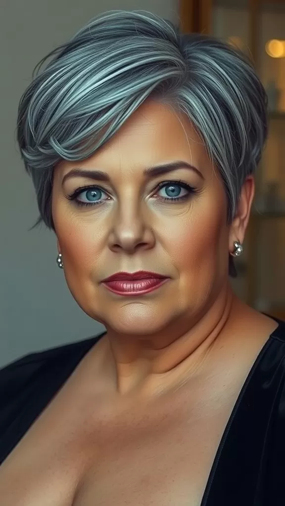 A mature woman with a stylish short crop hairstyle, showcasing confidence and elegance.