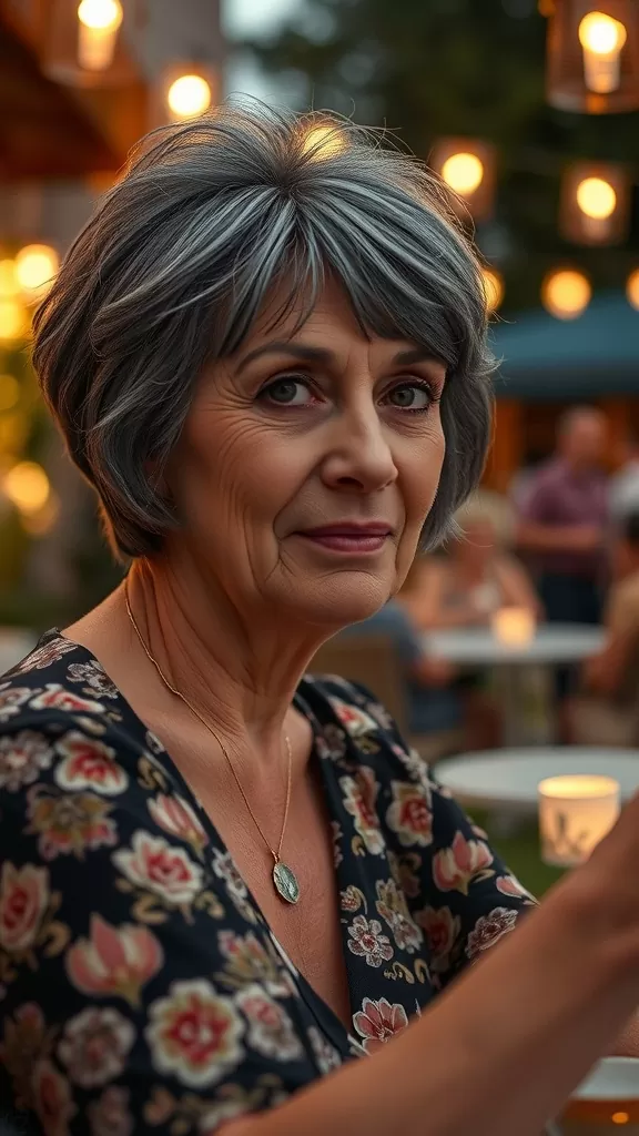 Woman with classic short haircut and side swept bangs, wearing a floral outfit