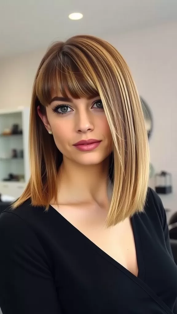 A stylish woman with a straight lob haircut and curtain bangs, showcasing a modern and chic look.