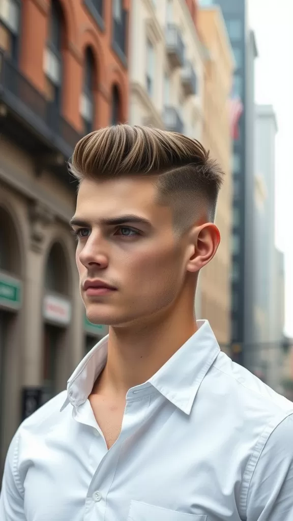 A young man with a classic taper fade hairstyle standing outdoors, showcasing a clean and stylish look.