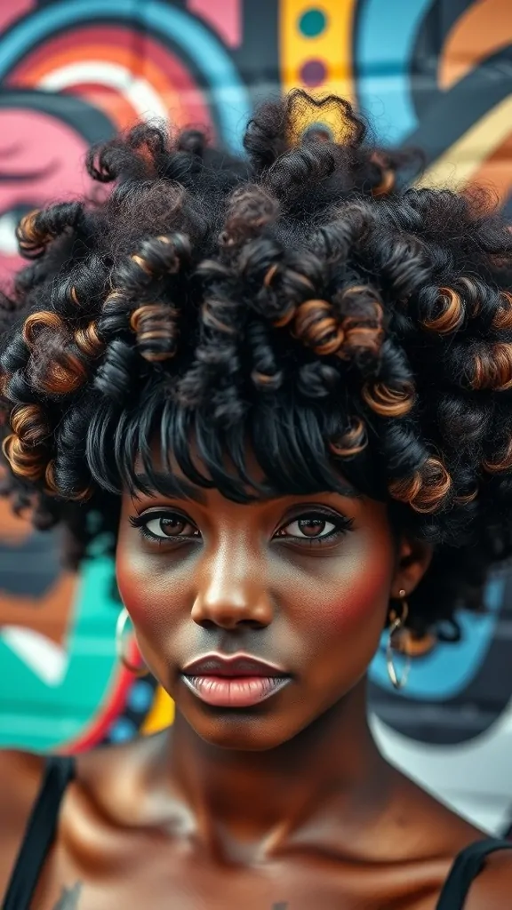 A woman showcasing a coily fro hairstyle with bangs against a colorful mural background.