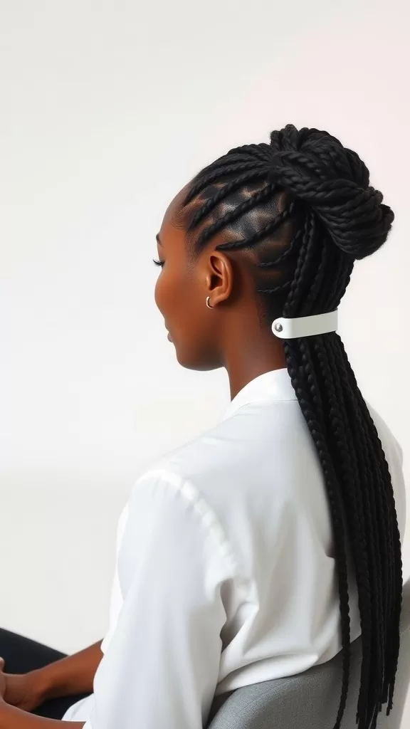 A woman with cornrow braids styled in a sophisticated updo.