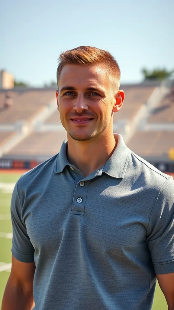Man with a crew cut hairstyle, wearing a white polo shirt, standing in a sports field setting.