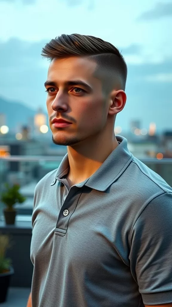 Man with a crew cut hairstyle featuring a hard part, standing outdoors with a city skyline in the background.