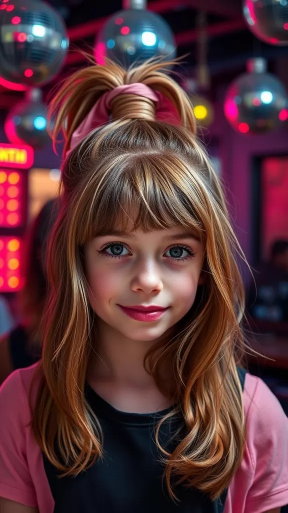 A girl with crimped hair styled in a half-up ponytail, looking cheerful.