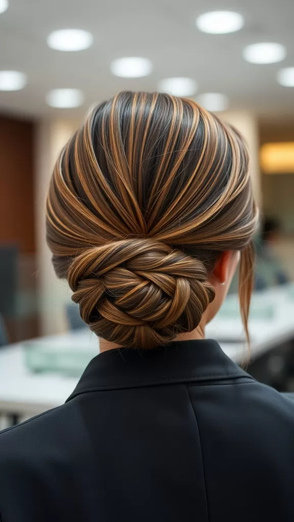 A stylish criss-crossed low bun hairstyle for medium hair, showcasing intricate weaving and depth in hair color.