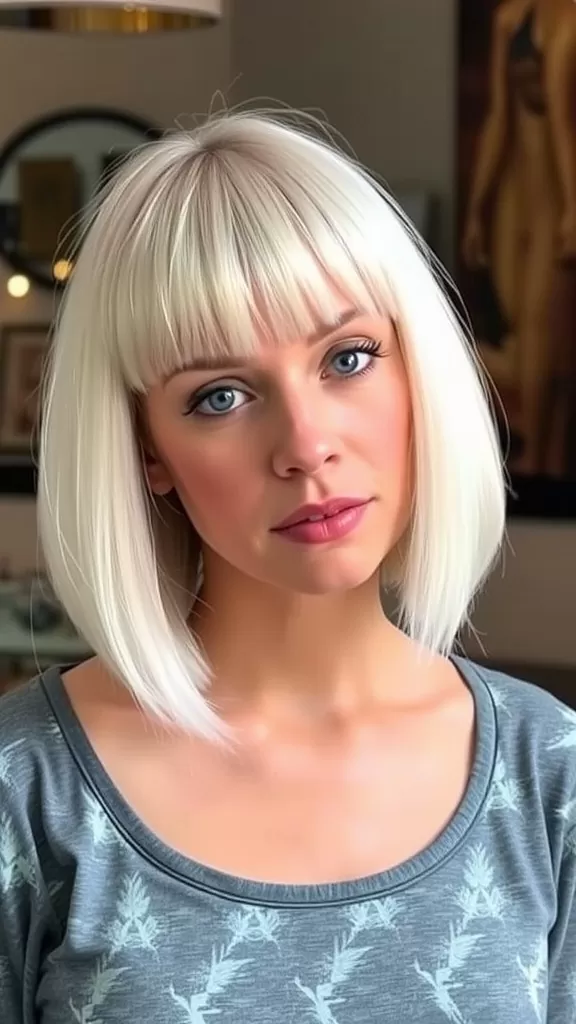 A woman with a cropped bob hairstyle featuring highlights, looking stylish and modern.
