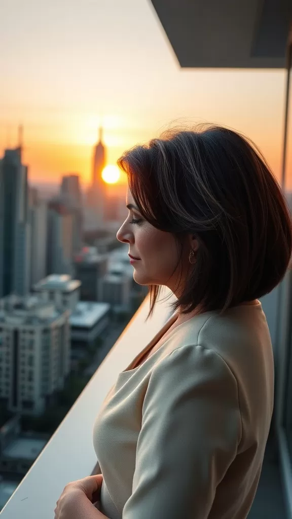 A woman with a cropped bob and side fringe looking at a sunset in a city skyline.