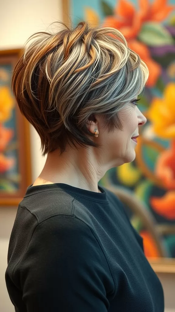A woman with a cropped pixie haircut featuring feathered layers, showcasing a stylish look.
