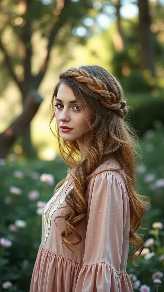 A woman with a crown braid and loose curls in an outdoor setting, wearing a pink blouse.
