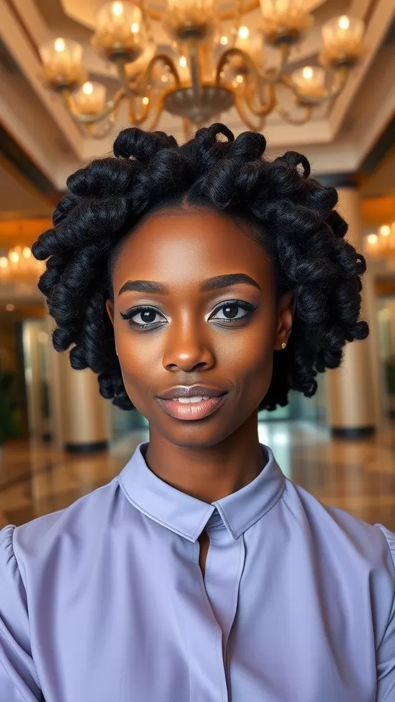 A woman with a Crown of Curls Updo hairstyle, featuring beautifully defined curls, set in an elegant indoor space.