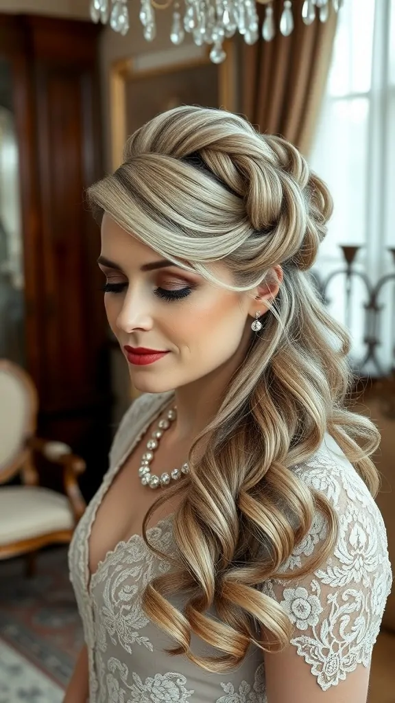 A woman with a Crown Twist Updo hairstyle, featuring elegant twists and soft curls, dressed in vintage style.