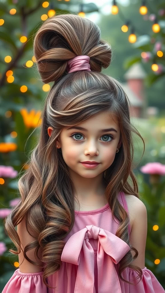 A teenage girl with a high curled ponytail decorated with a ribbon, standing in a garden with flowers and fairy lights.
