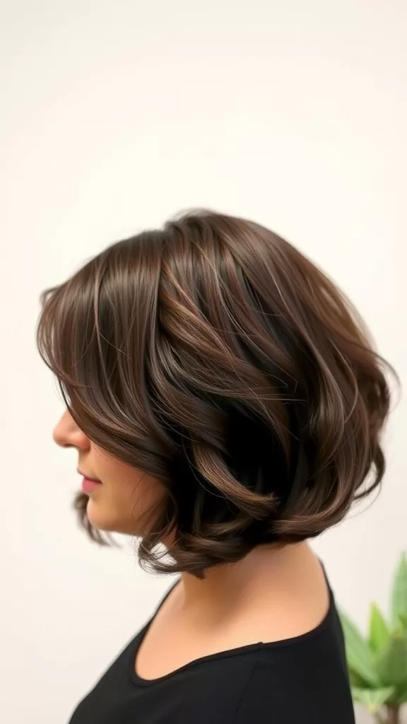 A woman with a curled under bob hairstyle, showcasing soft curls that frame her round face.