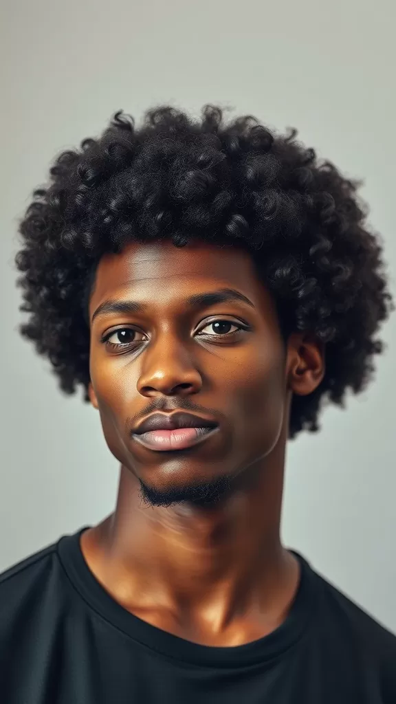 A man with a curly afro hairstyle and faded sides, showcasing a modern and stylish look.