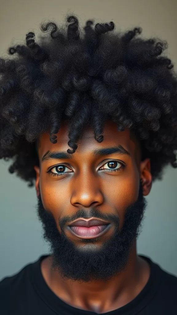A man with a curly afro and a well-groomed beard.