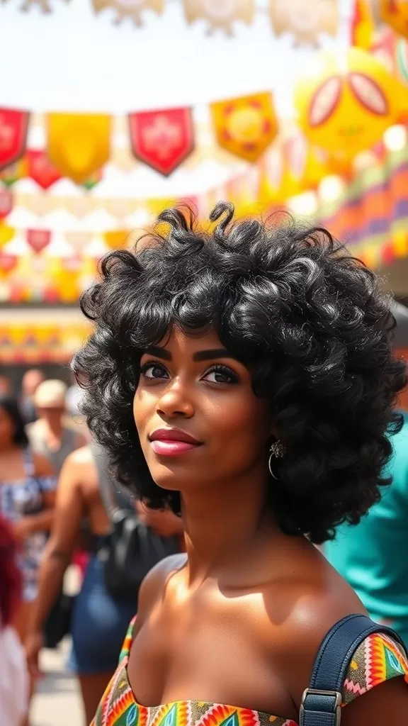 A woman with curly bangs and afro hair smiling at a vibrant outdoor festival.